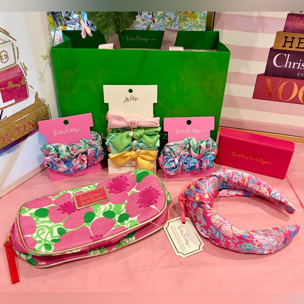 NWT LILLY PULITZER Pink/Multi Floral Headband/4 Scrunchies/Cosmetic Bag/2 Soaps - Picture 2 of 13